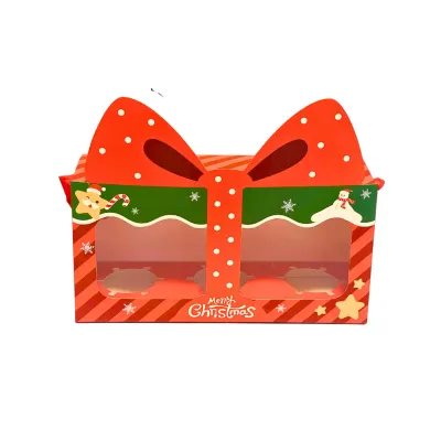 Christmas Box | Cupcake Box (3 Holes) with Handle (Ribbon) - 5pcs