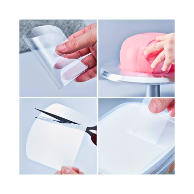 Step-by-step showing applying a protective screen film: peel backing, align on screen, trim with scissors, smooth onto surface.