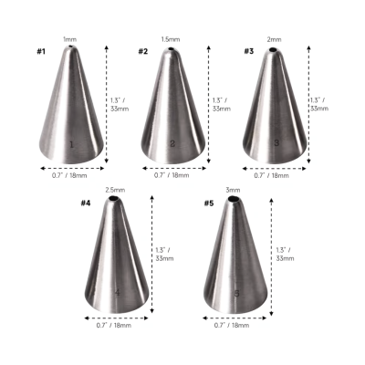 Five stainless steel cake decorating tips (#1 1mm, #2 1.5mm, #3 2mm, #4 2.5mm, #5 3mm) with 1.3 in height and 0.7 in base, arranged in two rows.