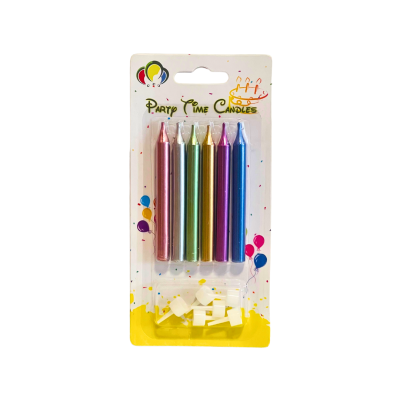 Set of seven metallic birthday candles in pink, rose, green, gold, purple, blue with plastic wicks and a white holder tray at bottom (party decoration).